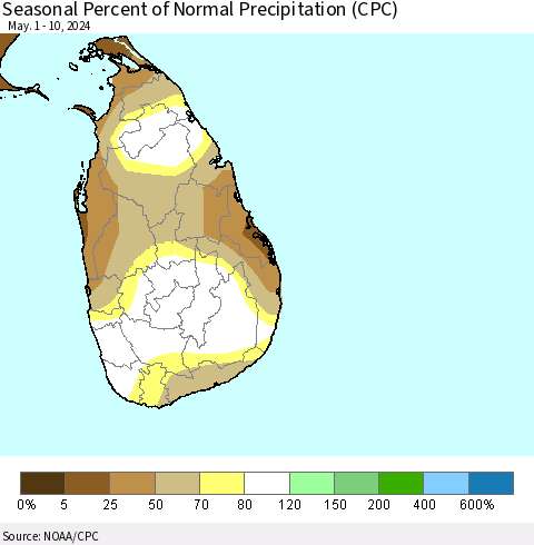 Sri Lanka Seasonal Percent of Normal Precipitation (CPC) Thematic Map For 5/1/2024 - 5/10/2024
