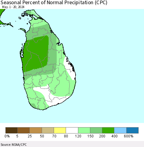 Sri Lanka Seasonal Percent of Normal Precipitation (CPC) Thematic Map For 5/1/2024 - 5/20/2024