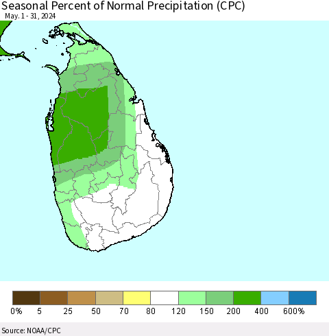Sri Lanka Seasonal Percent of Normal Precipitation (CPC) Thematic Map For 5/1/2024 - 5/31/2024
