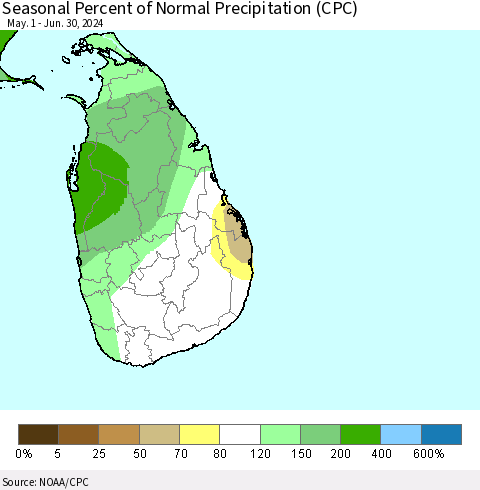 Sri Lanka Seasonal Percent of Normal Precipitation (CPC) Thematic Map For 5/1/2024 - 6/30/2024