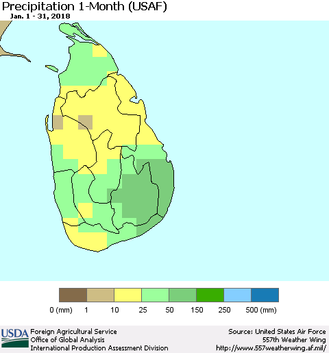 Sri Lanka Precipitation 1-Month (USAF) Thematic Map For 1/1/2018 - 1/31/2018