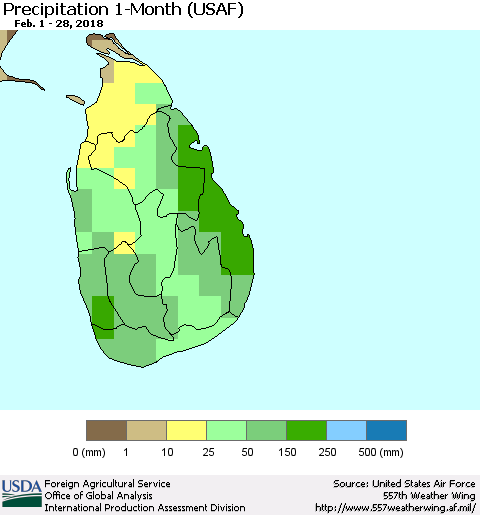 Sri Lanka Precipitation 1-Month (USAF) Thematic Map For 2/1/2018 - 2/28/2018
