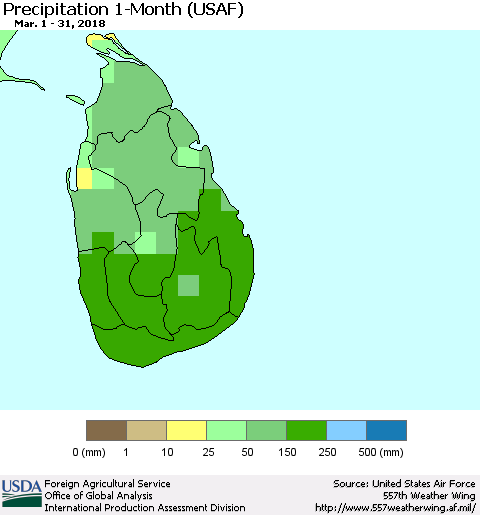 Sri Lanka Precipitation 1-Month (USAF) Thematic Map For 3/1/2018 - 3/31/2018