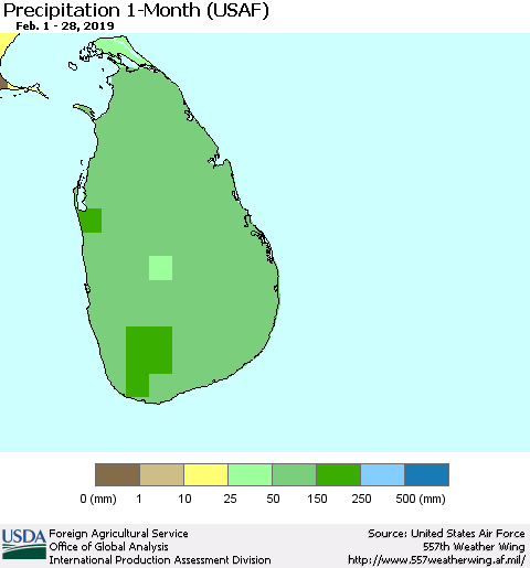 Sri Lanka Precipitation 1-Month (USAF) Thematic Map For 2/1/2019 - 2/28/2019