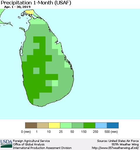 Sri Lanka Precipitation 1-Month (USAF) Thematic Map For 4/1/2019 - 4/30/2019