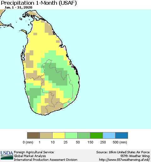 Sri Lanka Precipitation 1-Month (USAF) Thematic Map For 1/1/2020 - 1/31/2020