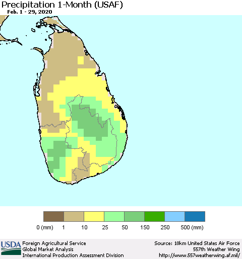 Sri Lanka Precipitation 1-Month (USAF) Thematic Map For 2/1/2020 - 2/29/2020