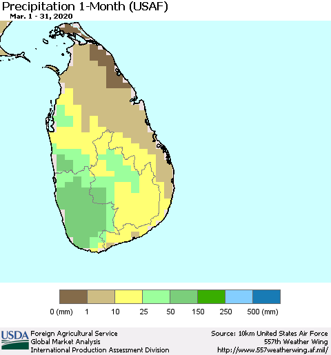 Sri Lanka Precipitation 1-Month (USAF) Thematic Map For 3/1/2020 - 3/31/2020
