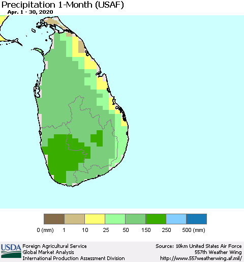 Sri Lanka Precipitation 1-Month (USAF) Thematic Map For 4/1/2020 - 4/30/2020