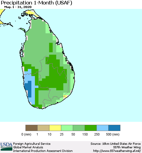 Sri Lanka Precipitation 1-Month (USAF) Thematic Map For 5/1/2020 - 5/31/2020