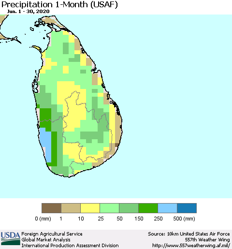 Sri Lanka Precipitation 1-Month (USAF) Thematic Map For 6/1/2020 - 6/30/2020