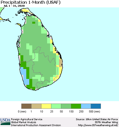 Sri Lanka Precipitation 1-Month (USAF) Thematic Map For 7/1/2020 - 7/31/2020