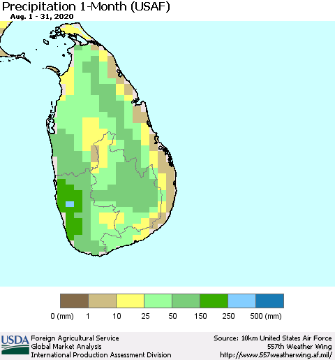 Sri Lanka Precipitation 1-Month (USAF) Thematic Map For 8/1/2020 - 8/31/2020