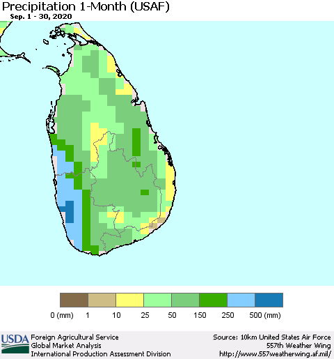 Sri Lanka Precipitation 1-Month (USAF) Thematic Map For 9/1/2020 - 9/30/2020