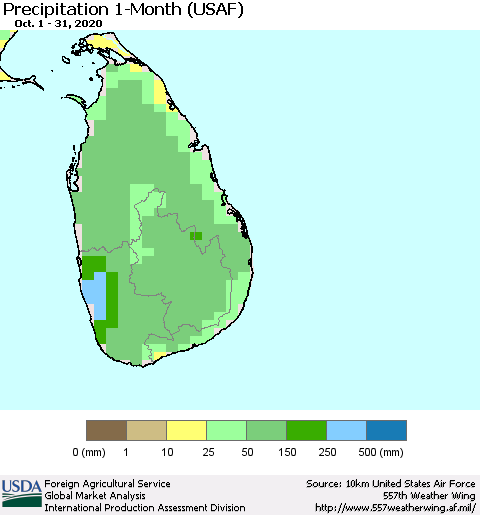 Sri Lanka Precipitation 1-Month (USAF) Thematic Map For 10/1/2020 - 10/31/2020