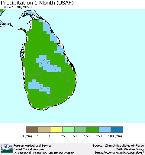 Sri Lanka Precipitation 1-Month (USAF) Thematic Map For 11/1/2020 - 11/30/2020