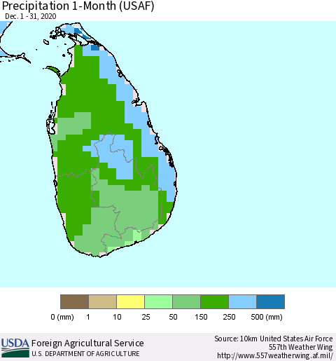 Sri Lanka Precipitation 1-Month (USAF) Thematic Map For 12/1/2020 - 12/31/2020