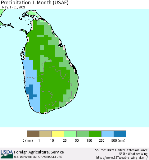 Sri Lanka Precipitation 1-Month (USAF) Thematic Map For 5/1/2021 - 5/31/2021