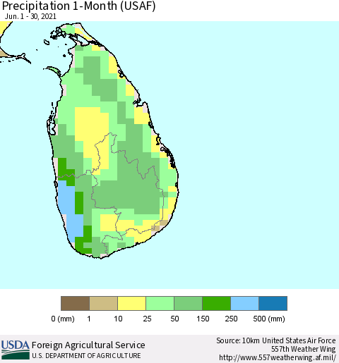 Sri Lanka Precipitation 1-Month (USAF) Thematic Map For 6/1/2021 - 6/30/2021