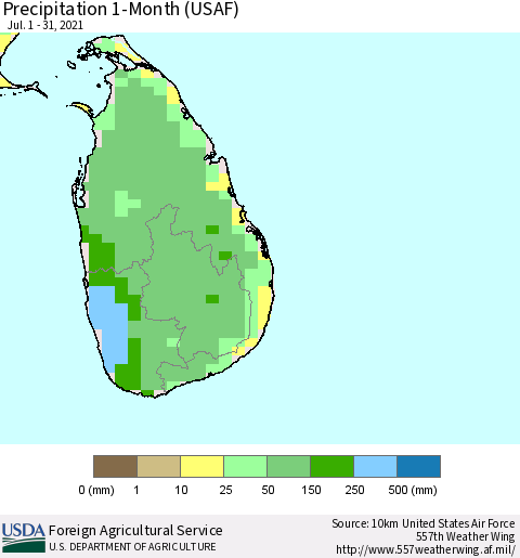 Sri Lanka Precipitation 1-Month (USAF) Thematic Map For 7/1/2021 - 7/31/2021