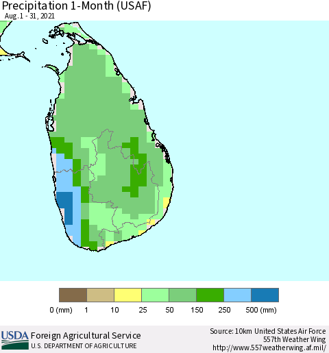 Sri Lanka Precipitation 1-Month (USAF) Thematic Map For 8/1/2021 - 8/31/2021