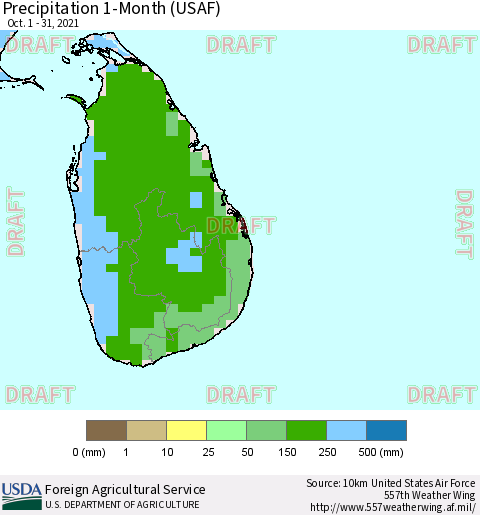 Sri Lanka Precipitation 1-Month (USAF) Thematic Map For 10/1/2021 - 10/31/2021