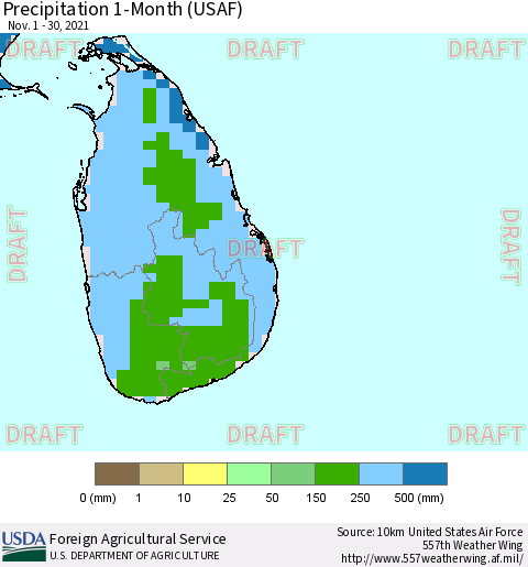Sri Lanka Precipitation 1-Month (USAF) Thematic Map For 11/1/2021 - 11/30/2021