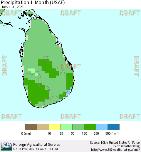 Sri Lanka Precipitation 1-Month (USAF) Thematic Map For 12/1/2021 - 12/31/2021
