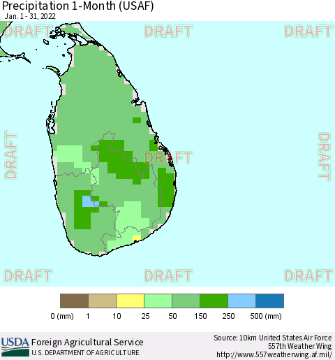 Sri Lanka Precipitation 1-Month (USAF) Thematic Map For 1/1/2022 - 1/31/2022