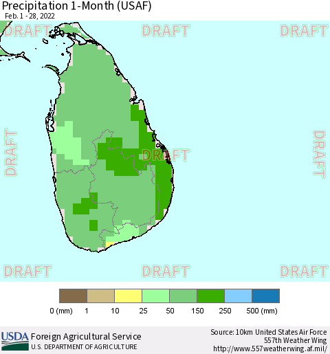 Sri Lanka Precipitation 1-Month (USAF) Thematic Map For 2/1/2022 - 2/28/2022