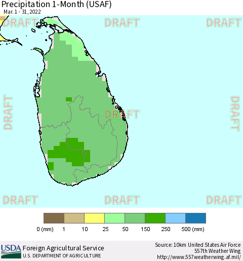 Sri Lanka Precipitation 1-Month (USAF) Thematic Map For 3/1/2022 - 3/31/2022