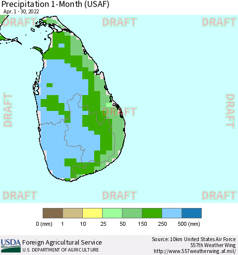 Sri Lanka Precipitation 1-Month (USAF) Thematic Map For 4/1/2022 - 4/30/2022