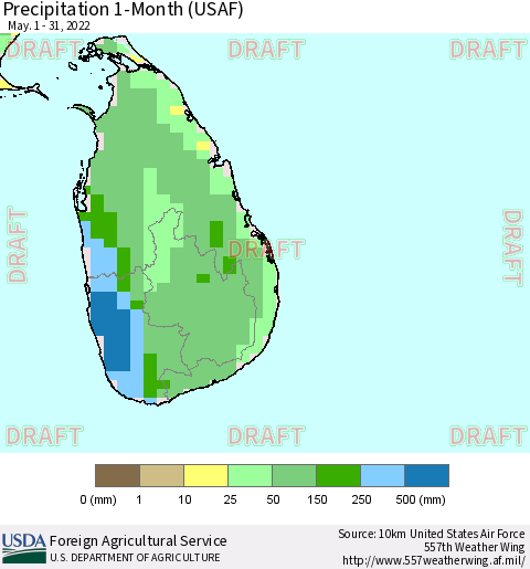 Sri Lanka Precipitation 1-Month (USAF) Thematic Map For 5/1/2022 - 5/31/2022
