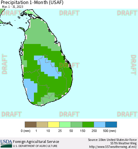Sri Lanka Precipitation 1-Month (USAF) Thematic Map For 3/1/2023 - 3/31/2023