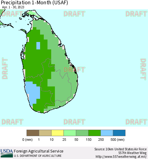 Sri Lanka Precipitation 1-Month (USAF) Thematic Map For 4/1/2023 - 4/30/2023
