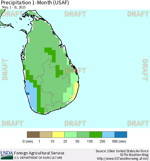 Sri Lanka Precipitation 1-Month (USAF) Thematic Map For 5/1/2023 - 5/31/2023