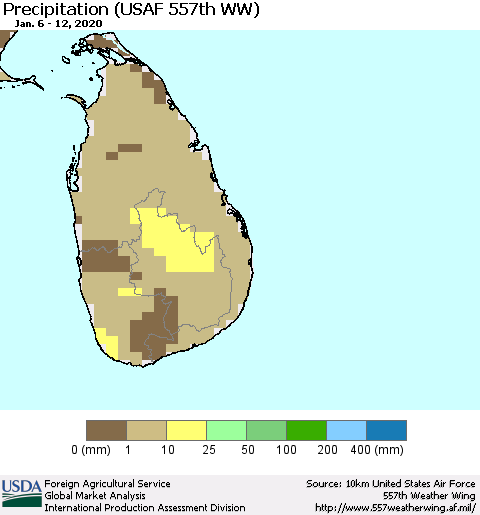 Sri Lanka Precipitation (USAF 557th WW) Thematic Map For 1/6/2020 - 1/12/2020