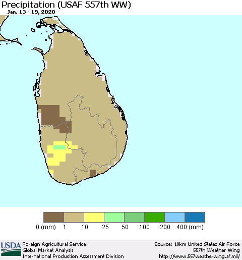Sri Lanka Precipitation (USAF 557th WW) Thematic Map For 1/13/2020 - 1/19/2020