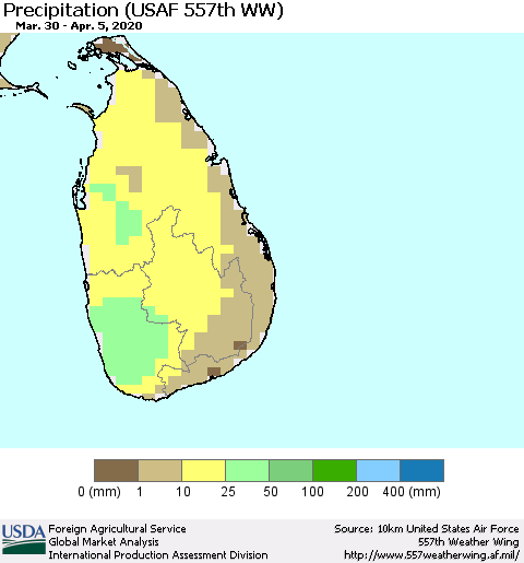 Sri Lanka Precipitation (USAF 557th WW) Thematic Map For 3/30/2020 - 4/5/2020