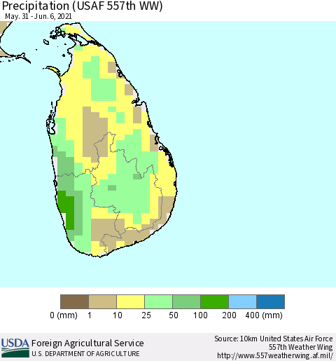 Sri Lanka Precipitation (USAF 557th WW) Thematic Map For 5/31/2021 - 6/6/2021