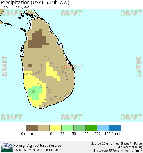 Sri Lanka Precipitation (USAF 557th WW) Thematic Map For 1/31/2022 - 2/6/2022