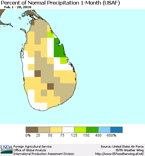 Sri Lanka Percent of Normal Precipitation 1-Month (USAF) Thematic Map For 2/1/2018 - 2/28/2018
