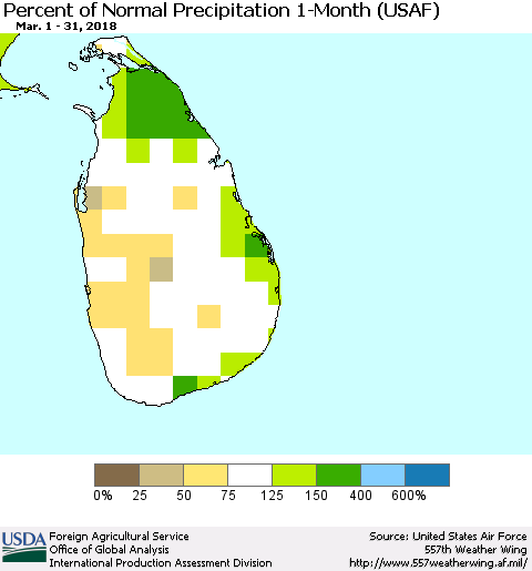 Sri Lanka Percent of Normal Precipitation 1-Month (USAF) Thematic Map For 3/1/2018 - 3/31/2018