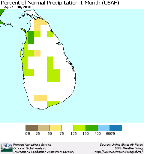 Sri Lanka Percent of Normal Precipitation 1-Month (USAF) Thematic Map For 4/1/2018 - 4/30/2018