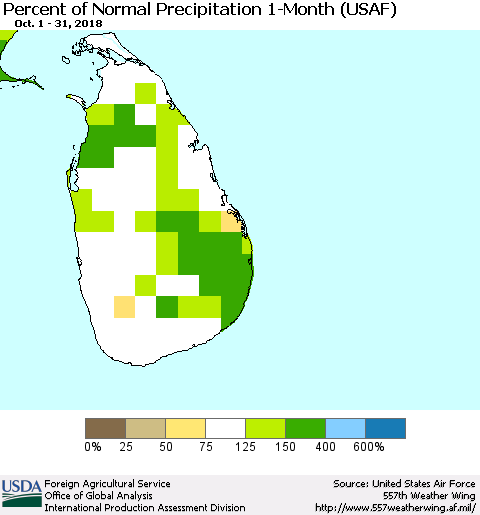 Sri Lanka Percent of Normal Precipitation 1-Month (USAF) Thematic Map For 10/1/2018 - 10/31/2018