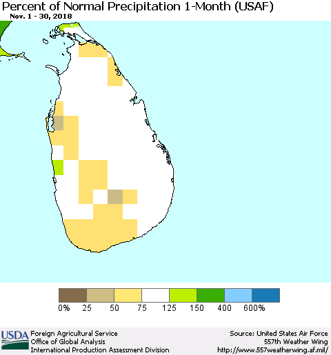 Sri Lanka Percent of Normal Precipitation 1-Month (USAF) Thematic Map For 11/1/2018 - 11/30/2018