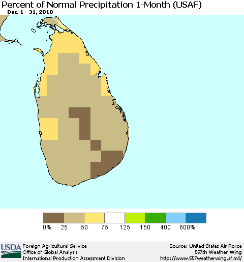 Sri Lanka Percent of Normal Precipitation 1-Month (USAF) Thematic Map For 12/1/2018 - 12/31/2018