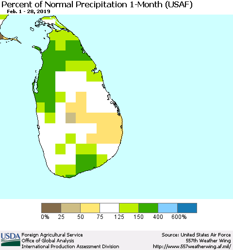 Sri Lanka Percent of Normal Precipitation 1-Month (USAF) Thematic Map For 2/1/2019 - 2/28/2019