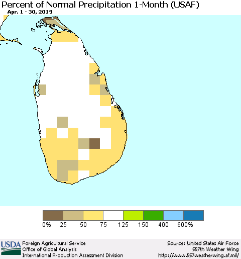Sri Lanka Percent of Normal Precipitation 1-Month (USAF) Thematic Map For 4/1/2019 - 4/30/2019