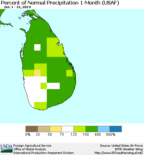 Sri Lanka Percent of Normal Precipitation 1-Month (USAF) Thematic Map For 10/1/2019 - 10/31/2019